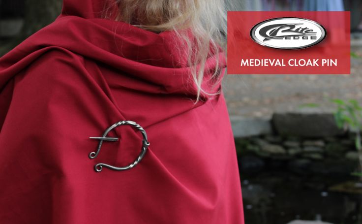 a person wearing a red cloak secured with a medieval cloak pin. a logo for rite edge appears at the top right and the words "medieval cloak pin" are underneath.