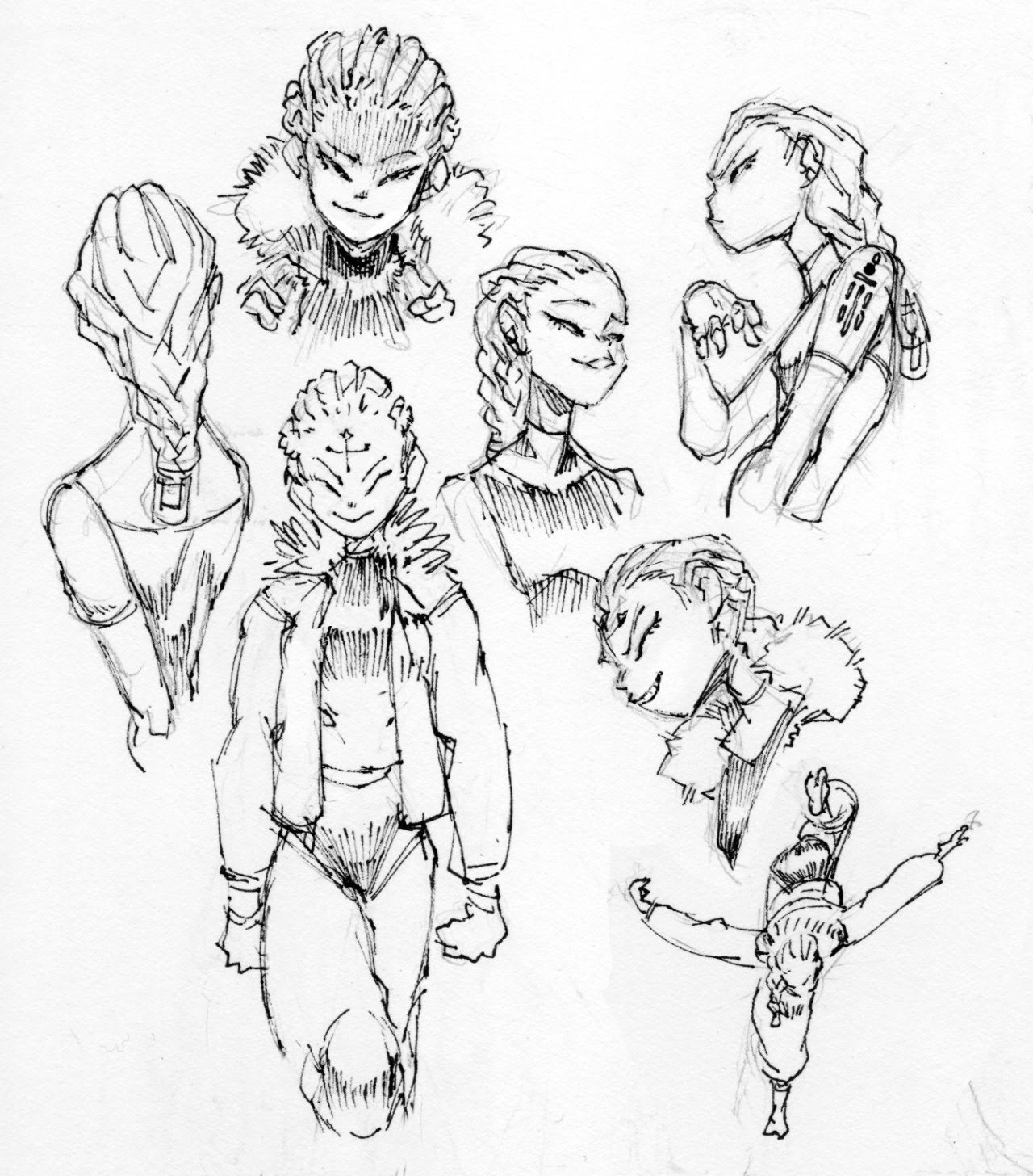 this image is a sketch of multiple females. the image is created using a black pen and white paper. the females are drawn in different poses, and they are all wearing clothing and accessories. the image appears to be a collection of style ideas.