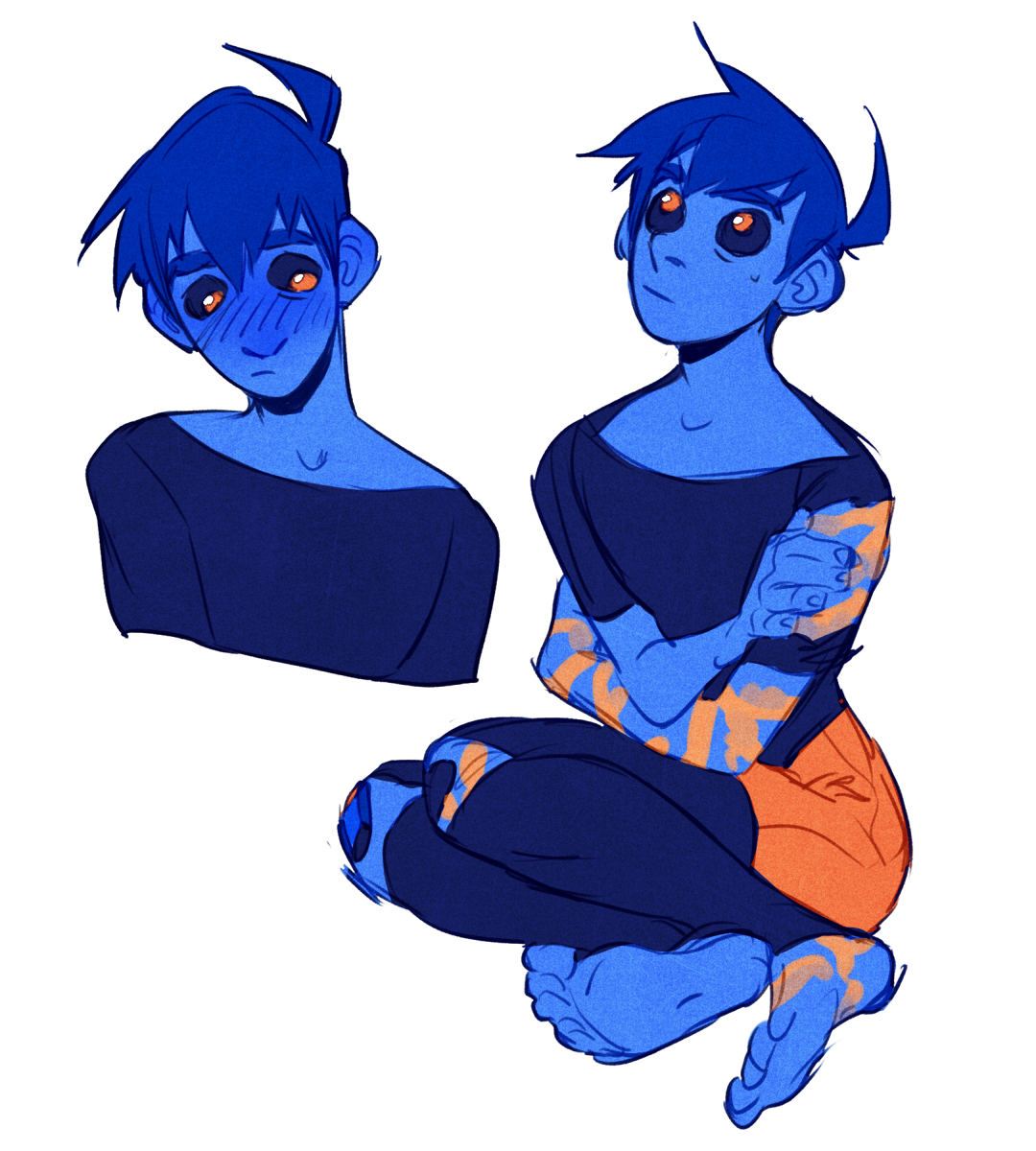 the image shows two stylized sketches of a blueskinned humanoid character with glowing orange markings on their arms, legs, and face. the character is presented in a seated pose, with their arms crossed and a shy, blushing expression on their face. the drawings are set against a plain white background, emphasizing the character's unique appearance and the expressive quality of the sketches.