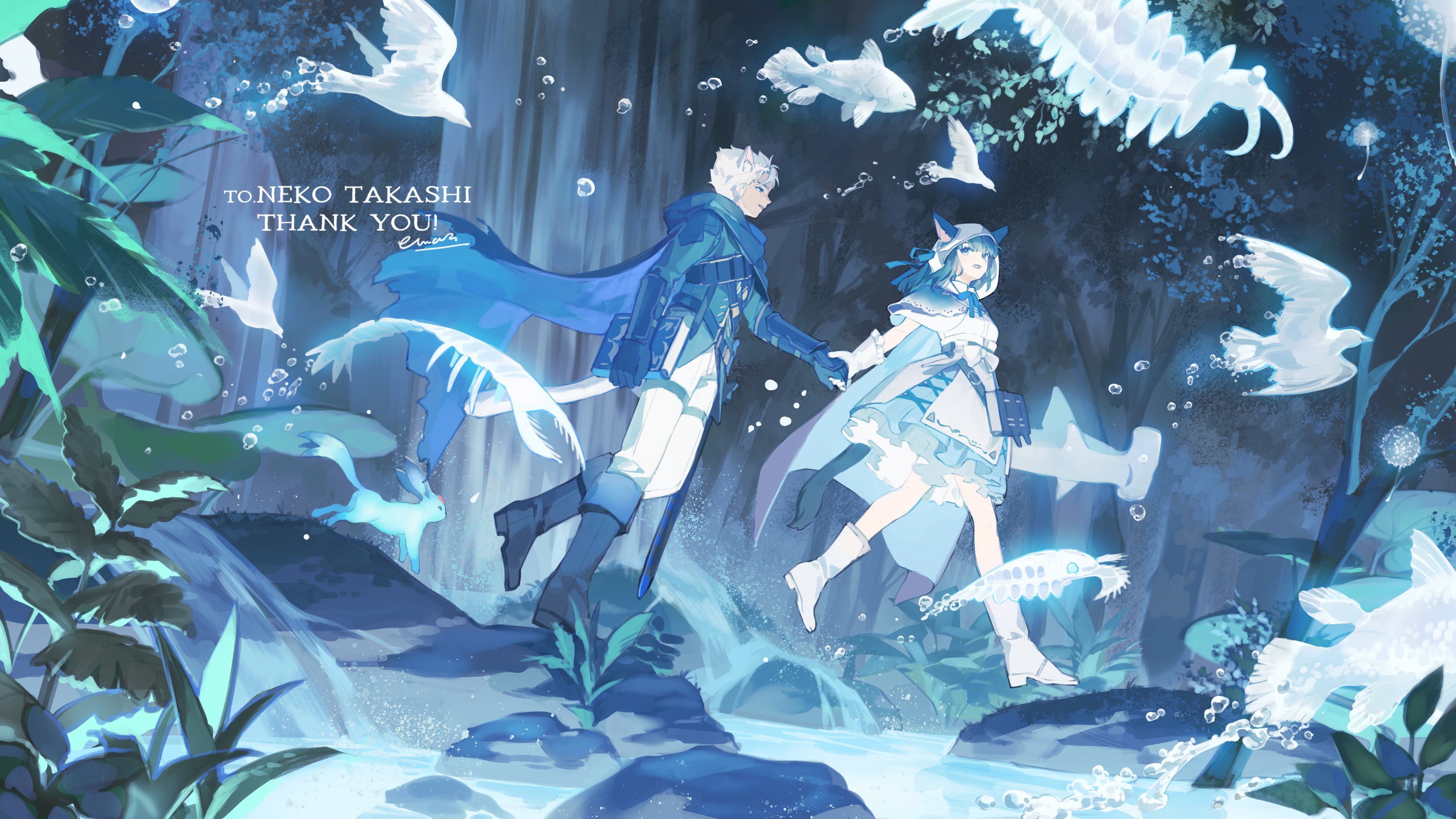 the artwork is a digital painting in a fantasy anime style. it depicts a young man and woman, possibly a couple, walking handinhand through a magical forest. the scene is bathed in soft, ethereal light, with a serene atmosphere.  various otherworldly elements, including glowing aquatic creatures, birds, and plants, float around them. a waterfall or stream runs through the forest, and the overall color palette is cool and calming, with various shades of blue and white dominating. the artwork includes a "thank you" message dedicated to "toneko takashi," suggesting it may be fanart. the overall impression is one of peace, magic, and romantic companionship.