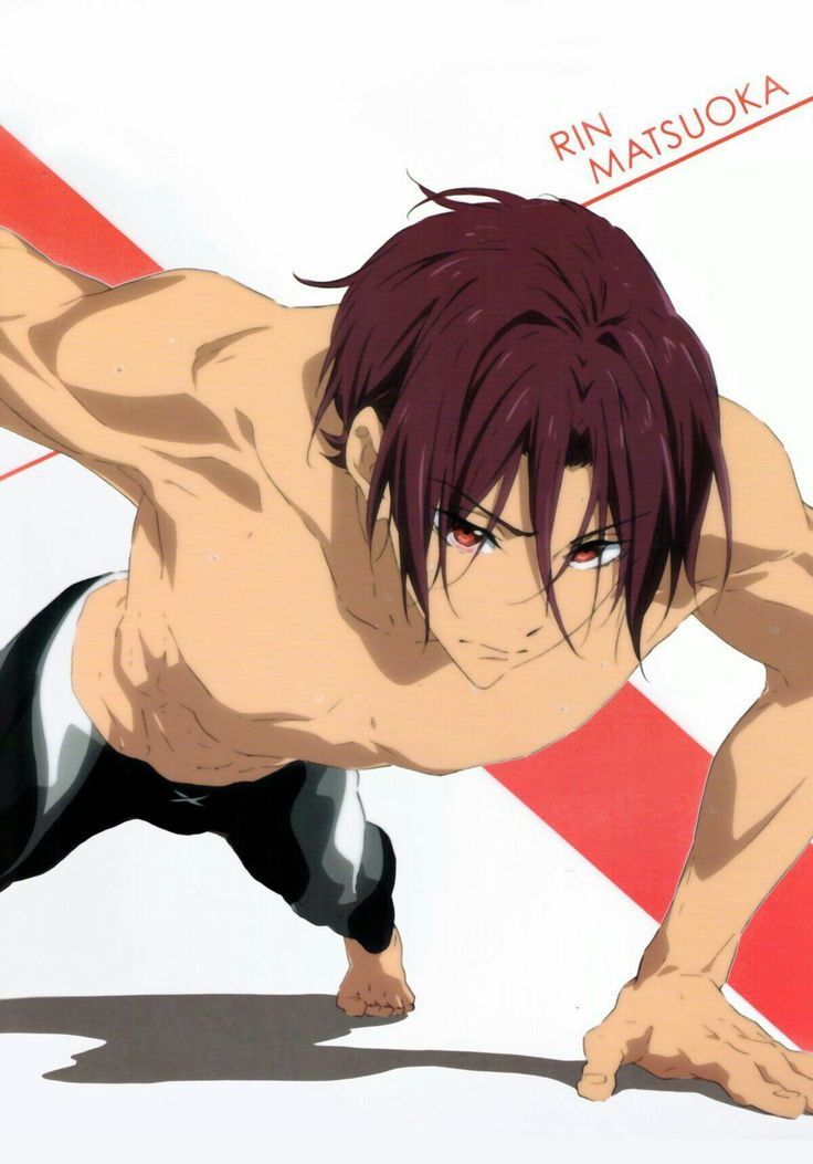 a muscular male anime character is in a pushup position, with his body facing the viewer. his hair is a deep red color and he has a serious expression on his face. he is wearing black and white swim trunks. the background is a simple red and white diagonal pattern. the character's name is written in the upper right corner in red letters.