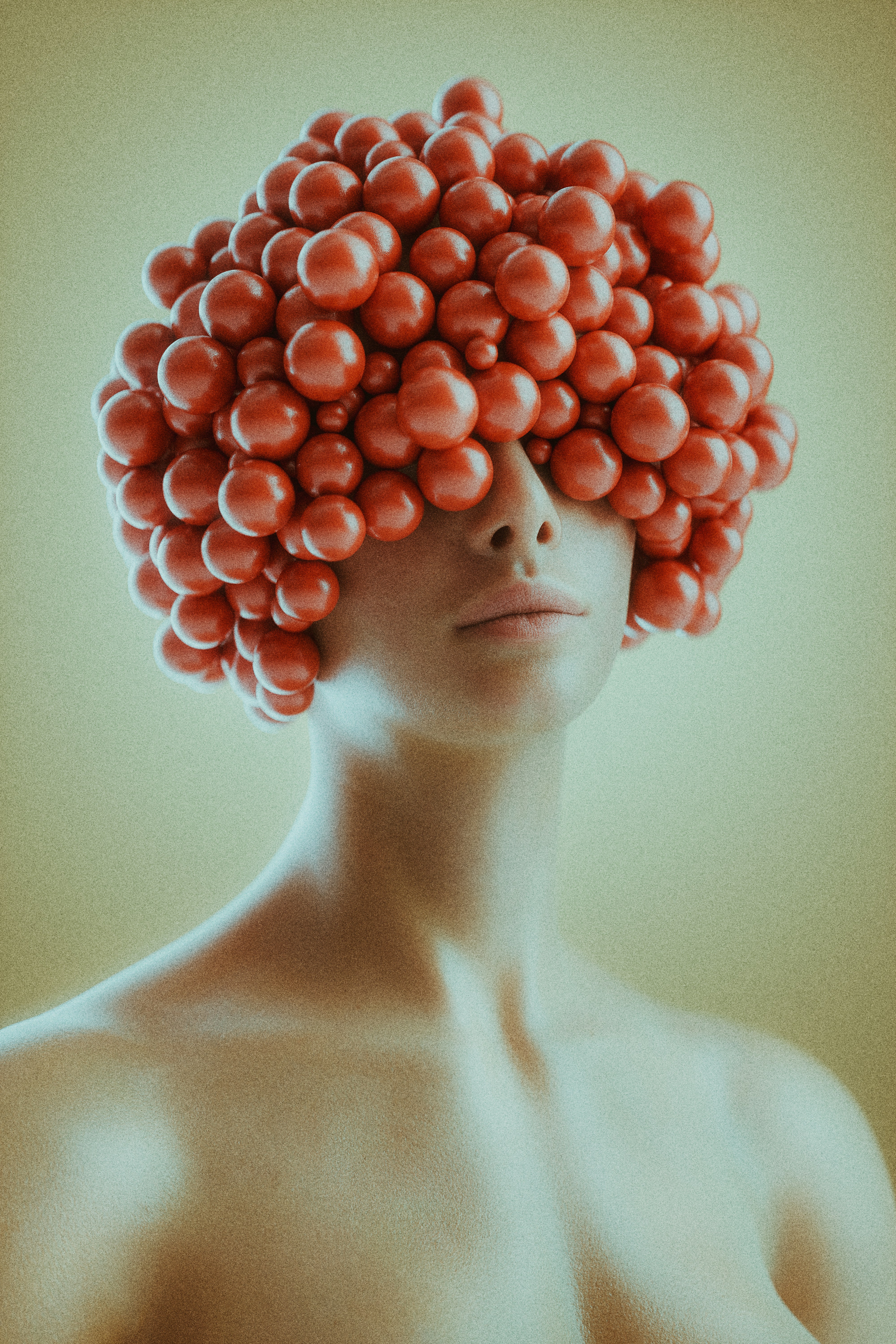 a woman, stripped to the waist, stands against a pale yellowgreen backdrop. her expression is serene, almost stoic, as her head is entirely enveloped in a mass of uniformly sized, red spheres. these spheres completely obscure her eyes and forehead, creating a striking visual. the overall image is simultaneously bizarre and captivating, a testament to surrealist art.