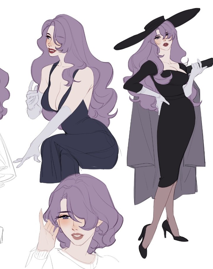 the image showcases a character design sheet featuring a stylish female character with long, purple hair.  the sheet displays the character in multiple poses and outfits.  one pose shows her in a sophisticated black dress and long gloves, another in a similar dress with a widebrimmed hat and coat. a third shows her in a more casual, relaxed pose with shorter hair, and the final pose is an additional view of the head and shoulders. the art style is reminiscent of anime or manga, with soft lines and muted colors.  the overall aesthetic is elegant and fashionable.