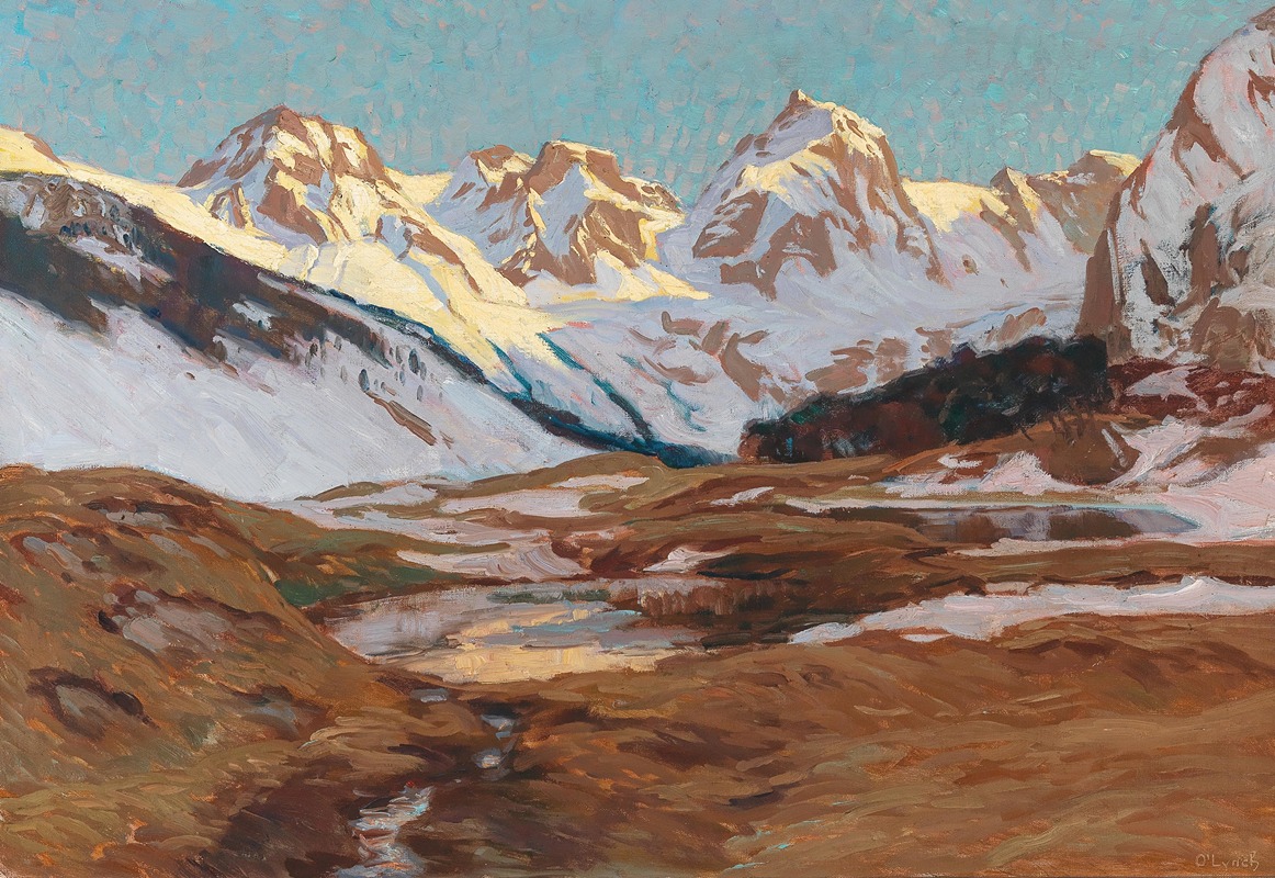 this is an oil painting depicting a mountainous landscape covered in snow. the artwork features several prominent mountain peaks under a light blue sky. the sunlight casts warm tones on the snowcovered mountains and the terrain in the foreground, contrasting with the cooler shades in the shadowed areas. patches of snow are scattered throughout the lower terrain, along with some water features, perhaps small lakes or puddles, that reflect the sky and surrounding landscape. the overall style of the painting suggests impressionism with its visible brushstrokes and emphasis on light and color.