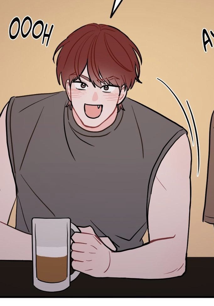 the image is a closeup illustration or a panel from a comic/manga/webtoon. it depicts a muscular, happylooking young man with reddishbrown hair. he's wearing a sleeveless gray shirt and is holding a mug of beer.  his expression is one of excitement or contentment, shown by his wide smile, blush, and the "oooh" speech bubble above him. another smaller speech bubble ("ay") is visible in the upper right corner, suggesting dialogue from another character not fully in the frame. the background is a muted, light peach color, typical of a comic or graphic novel style. the art style is clean and modern with soft linework and shading.