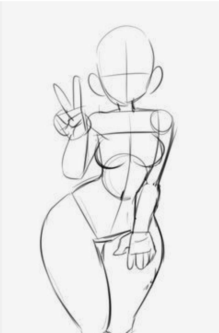 a sketch of a female figure in a peace sign pose. the sketch is drawn in black outline on a white background.  there are some construction lines to help with proportions.