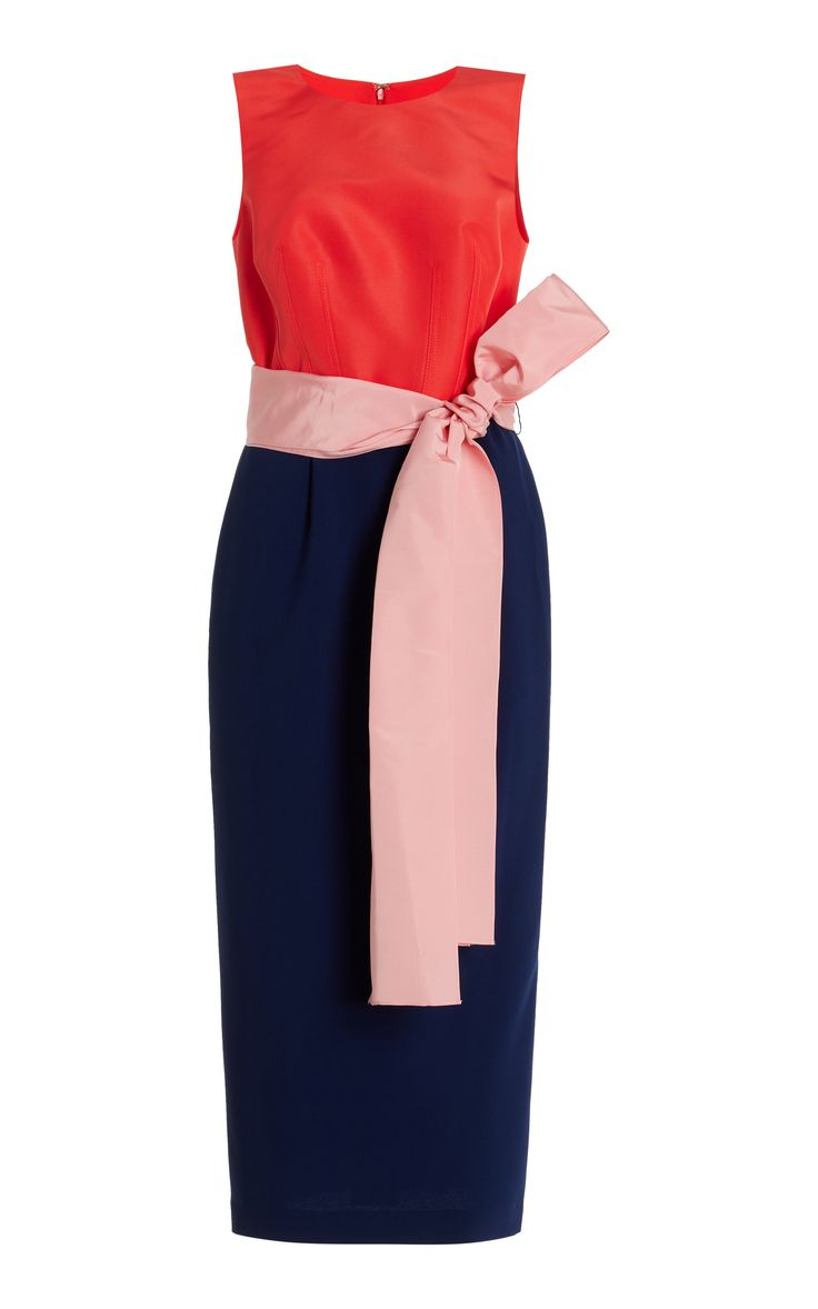 a red sleeveless midi dress with a blue skirt and a pink sash. the dress has a red top and a blue skirt. the pink sash is tied around the waist. the dress is sleeveless and midilength. it is a women's dress.