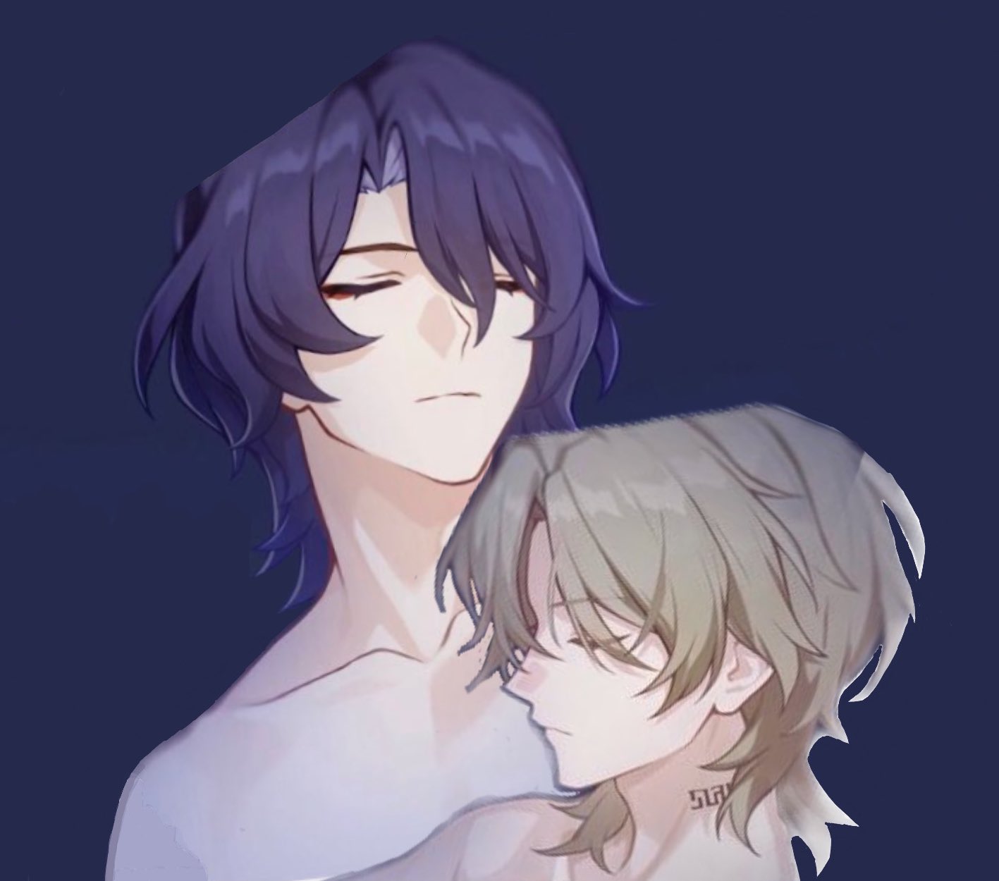 the image is a piece of digital fanart depicting a tender embrace between two animestyle male characters. one has dark purple hair and is shown from the chest up, with his eyes closed peacefully. the other character with light blond hair rests their head on the purplehaired character's chest, eyes also closed. the style is suggestive of a romantic or intimate relationship between the two. the artwork is soft, and the overall mood is calm and affectionate. the style and characters bear resemblance to those found in genshin impact, and they may be fan interpretations of itto and albedo, but this is not certain.