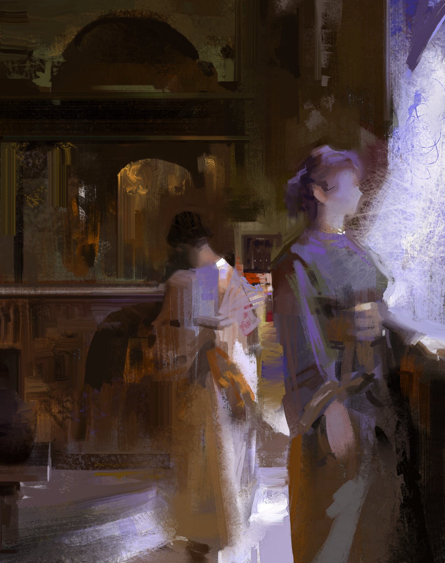 the painting is a depiction of two women standing in a dimly lit, ornate room. one woman is wearing a white dress with gold accents, and the other woman is wearing a purple dress. the woman in the purple dress is standing with her back to the viewer. the painting's style is impressionistic, with soft brushstrokes and a hazy atmosphere. the overall effect is one of elegance and mystery. the image evokes a sense of timelessness and romance.