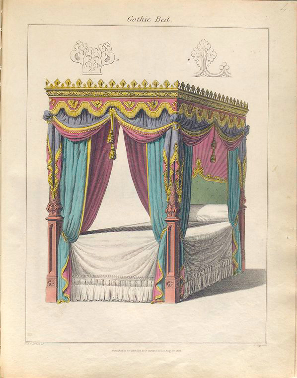 an illustration of an ornate gothic canopy bed. the bed features a decorative canopy with draped curtains in shades of pink, purple, and blue, adorned with gold trim and tassels. the bed frame is pink with carved detailing. above the bed, smaller sketched elements show additional decorative designs. the bed is covered with a white sheet.