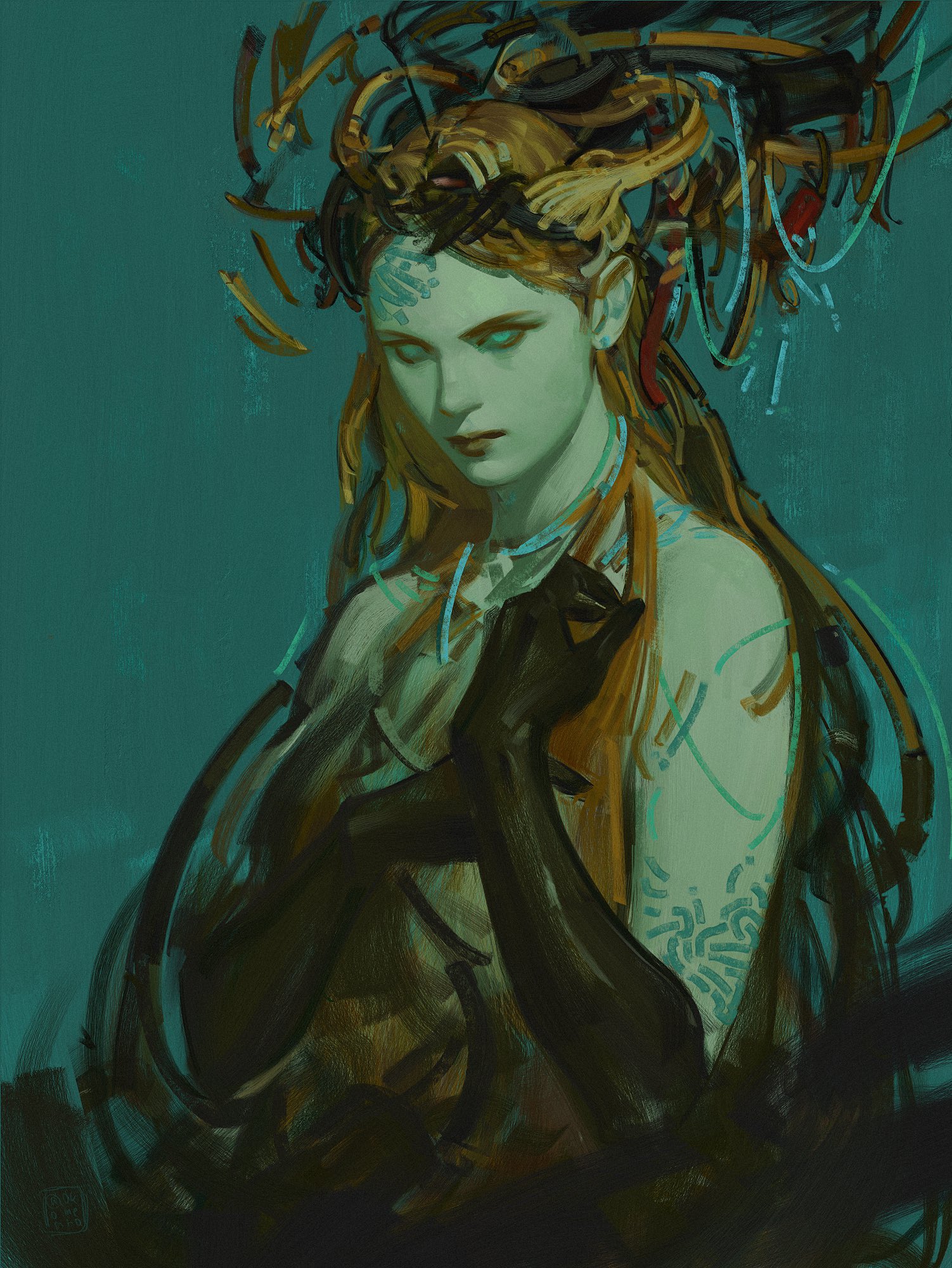 he image is a digital painting of a woman who appears to be a fantasy character, perhaps a medusa or gorgon. she has long, flowing hair that seems to be intertwined with serpentine or mechanical elements, forming a crownlike structure atop her head. her skin has a slightly greenish hue, and she is wearing what looks like a simple, sleeveless garment. she's holding her hands up near her face, and is wearing long, dark gloves.  the background is a deep teal or green, providing a stark contrast to the subject. the style of the painting is painterly and expressive, with visible brushstrokes creating texture and movement. the overall mood is dark, mysterious, and slightly unsettling, yet also elegant and captivating.