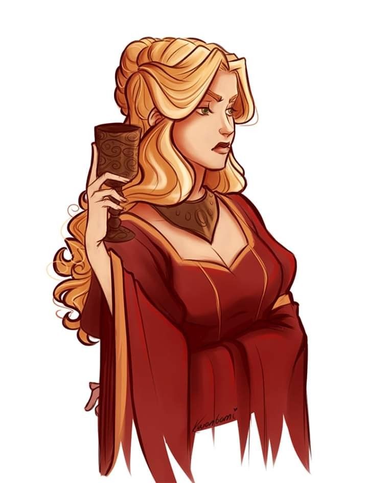 the image is a digital illustration of a regallooking woman, possibly a queen or princess. she has long, blonde hair styled in an intricate updo.  she's wearing a rich, red, flowing gown with gold accents and a dark brown necklace. she holds a dark, ornate goblet or cup.  her expression is serious and somewhat stern. the art style blends elements of fantasy art and a slightly animeinfluenced aesthetic, with a focus on smooth lines and rich color. the background is plain white, focusing all attention on the character.  the artist's signature, "kuanbom," is visible in the lower right area of the dress.