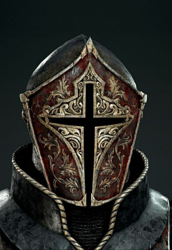 a closeup image dramatically showcases the intricate metal helmet of a knight.  the helmet's visor is shaped like a cross, adorned with ornate gold and reddish detailing. this, along with the worn texture, evokes a sense of history, faith, and battle. the knight's shoulders are clad in chainmail, hinting at the full suit of armor beneath. the background is a dark, undefined gray, focusing all attention on the helmet and its symbolism.