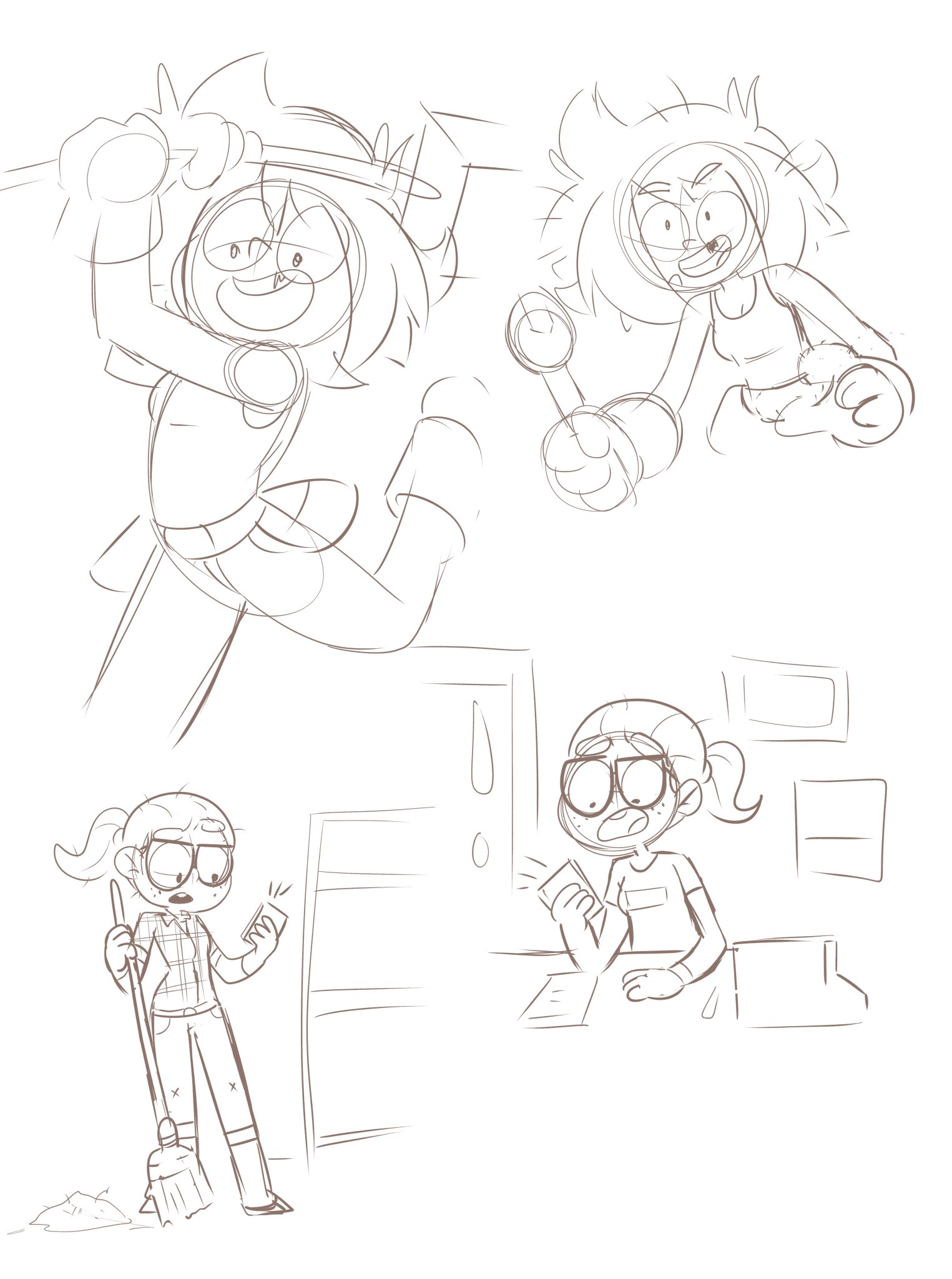 this is a drawing of four cartoon characters. the top left character is a girl with brown hair wearing a hat and jumpsuit who is jumping in the air. the top right character is a girl with brown hair wearing a tank top and shorts who is looking at a phone. the bottom left character is a girl with brown hair wearing a plaid shirt and jeans who is sweeping the floor with a broom and looking at a phone. the bottom right character is a girl with brown hair wearing a tank top and shorts who is looking at a phone in surprise. the background is a light brown color.