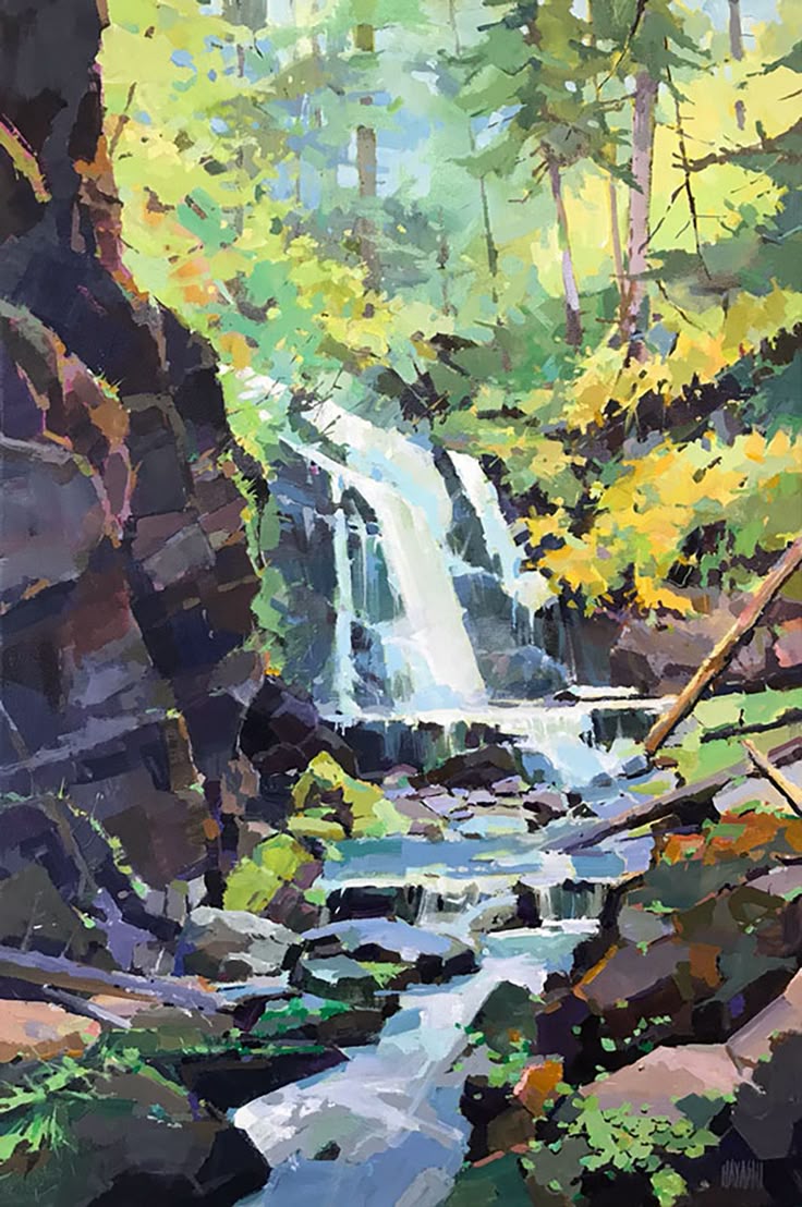 the image is an impressionistic painting of a waterfall flowing through a forest. the waterfall cascades over rocks and into a stream in the foreground. trees surround the waterfall, with green and yellow foliage indicating a seasonal change. large rocks are on either side of the stream in the foreground. the artwork is characterized by bold brushstrokes and vibrant colors.