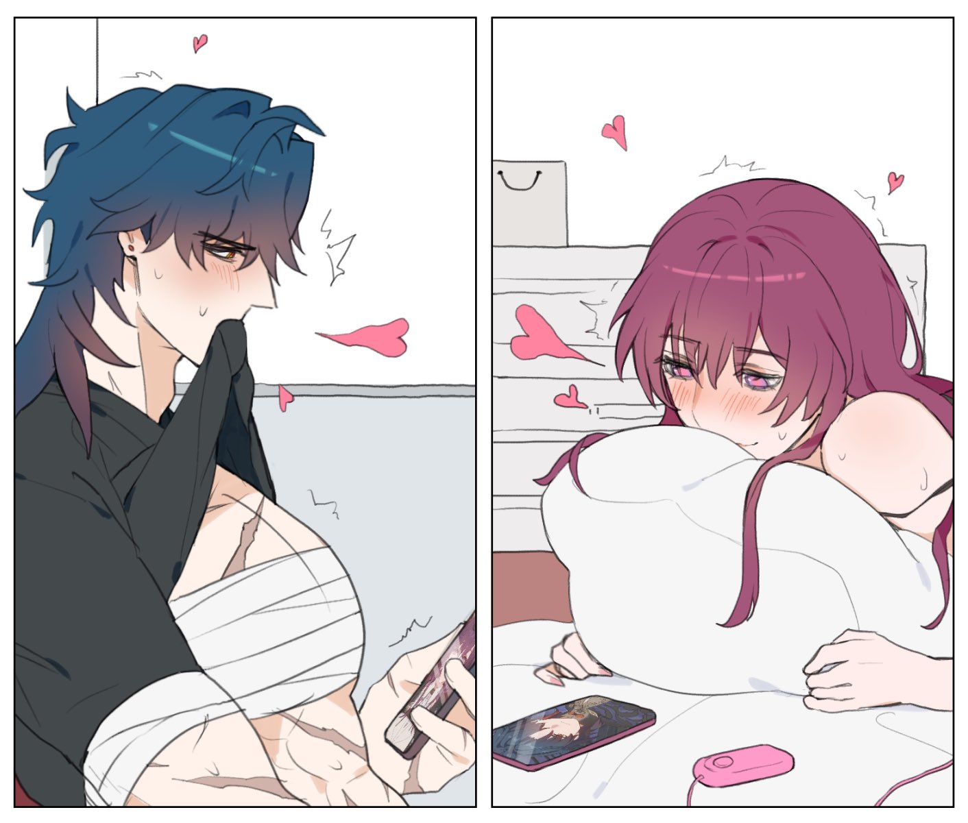 the image shows a scene from a comic or manga with two characters, one male and one female. the male character is bandaged and blushing, looking at his phone and smiling. the female character is in a white pillow, blushing and smiling, looking at the phone with the male character. the background has pink hearts floating around them.  the image is a romantic scene and they appear to be a couple.