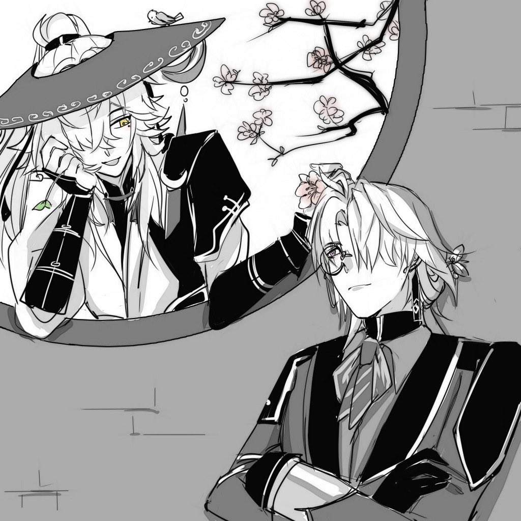 a drawing of two anime men.  the men are facing the viewer. the man on the left has white hair and is wearing a black and white outfit. he is looking down. the man on the right is wearing glasses and a suit.  he is looking up at the viewer. they are both standing in front of a window with a flower branch behind them.  the artwork is done in black and white.