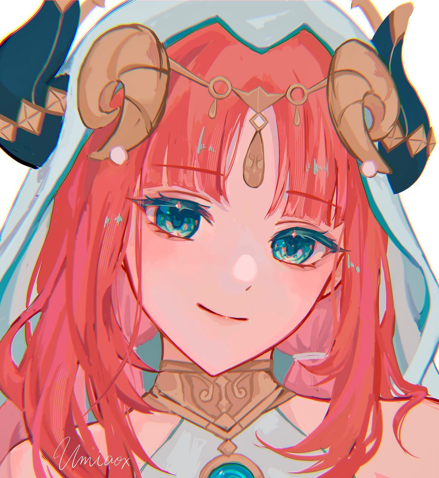 the image is a closeup digital portrait of an animestyle girl. she has long, vibrant pink hair and a charming, somewhat vague expression.  she wears an ornate headdress with ram horns, a lightcolored hooded cloak, and decorative gold jewelry around her neck. her eyes are large and bright teal, and her skin has a soft, rosy tone. the overall style is soft and whimsical, with pastel colors and a focus on delicate details. the artist's signature is visible in the lower left.