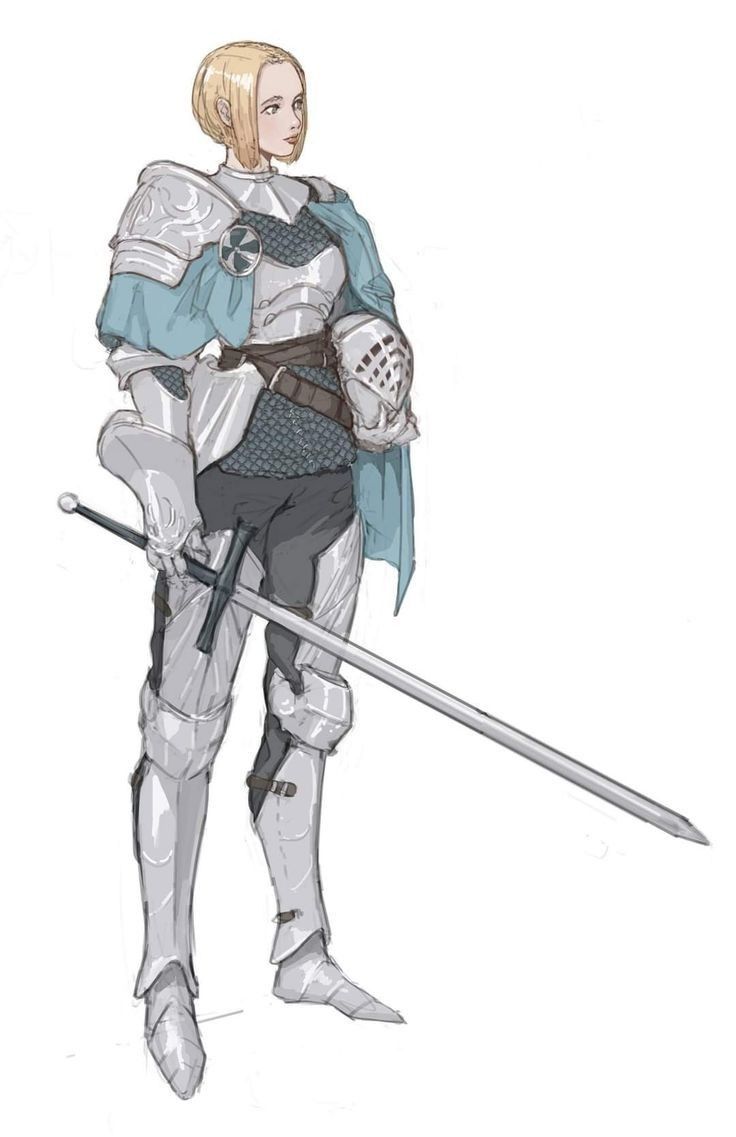 the image is a digital painting or drawing of a female knight in medievalstyle plate armor.  she has blonde hair and is wearing a light blue cloak over her armor.  she carries a longsword and is holding a helmet under her arm.  the style is fantasy art with a soft, slightly sketchy quality. the image is a fullbody depiction of the character from a slightly threequarter view.