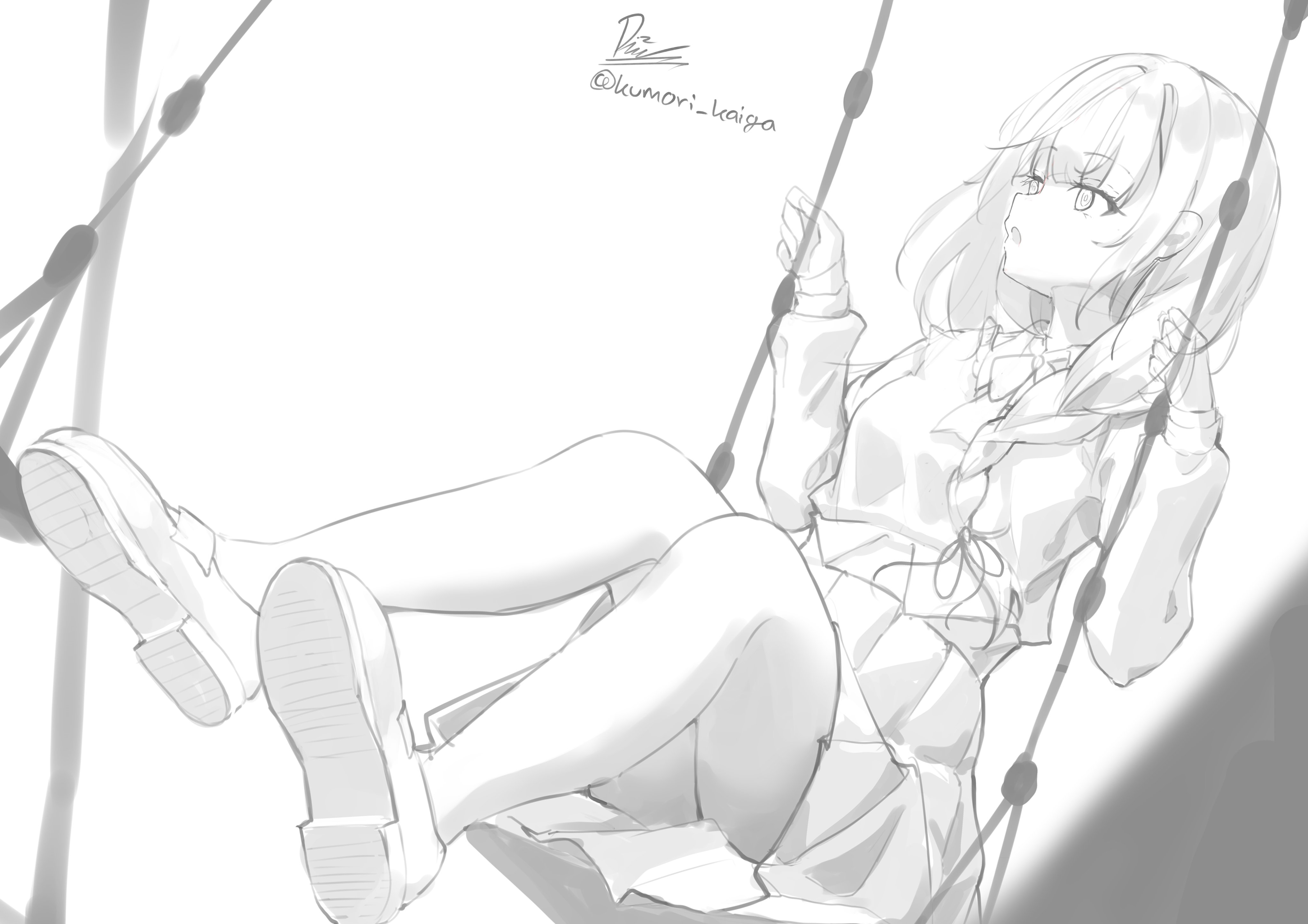 the image is a grayscale sketch of an anime girl sitting on a swing. she is wearing a school uniform consisting of a sweater and a pleated skirt. her hair is styled in a braid and she is wearing shoes. the drawing style is loose and expressive, with soft lines and shading. the overall mood is peaceful and serene. the girl's pose and expression suggest a moment of quiet contemplation.  the lighting creates a soft contrast, highlighting her figure against the background.
