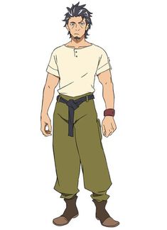 the image showcases a male anime character, likely in his early adulthood, against a stark white backdrop. his attire consists of loosefitting, olivegreen pants, a simple, beige, shortsleeved shirt, and a black belt. his dark brown hair is styled in a spiky, upswept fashion, and his facial features are sharply defined. his expression can be interpreted as serious or contemplative. notably, he sports a black wristband on his right hand. content: 1 person, drawingpeople: manenvironment: indoorlighting: flat lightingperspective: full bodykw: anime, character design, male, warrior, simple background, standing pose, casual attire, serious expression