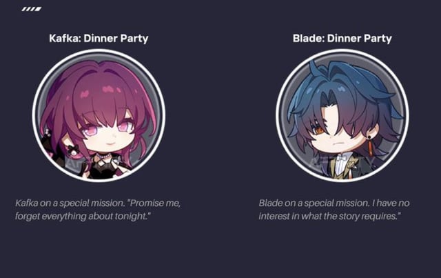 this image is a promotional illustration for honkai star rail, showcasing kafka and blade. they are both depicted in chibi form, with kafka on the left and blade on the right. the background is a dark blue with a purple gradient. both characters have a speech bubble above them, which contains dialogue that is relevant to their individual character.
