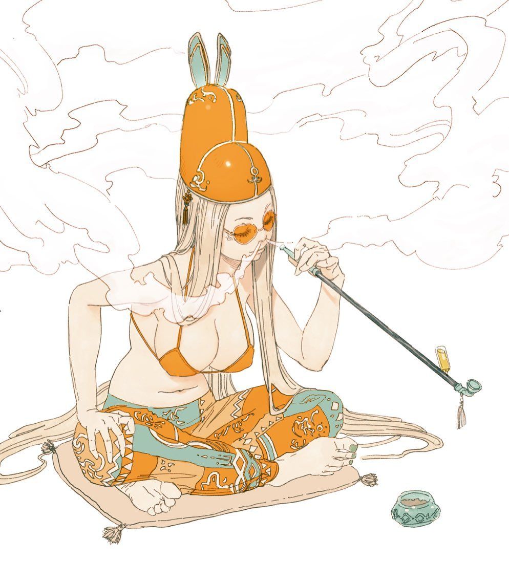 the illustration showcases a young woman with long blonde hair, seated in a relaxed posture on an ornate rug. she is depicted smoking from a long, thin pipe, the end of which is adorned with a tassel. her attire comprises a bikini top and loosefitting pants, both featuring intricate patterns. notably, she sports an unusual, oversized hat resembling a stylized rabbit head with long, drooping ears. the scene is bathed in soft, warm lighting, contributing to a serene and somewhat mystical ambiance.  the background features light, swirling lines suggestive of smoke or clouds, further enhancing the dreamy atmosphere.