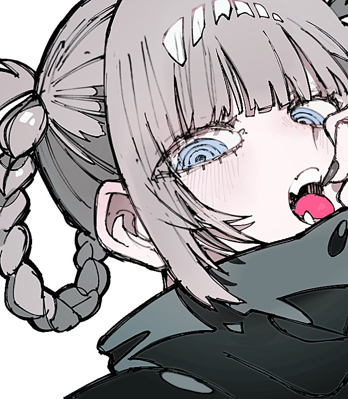 this is a digital drawing of an anime girl with grey hair styled in a braid. she is wearing a black jacket. she has her mouth open and her tongue is sticking out. she has bright blue eyes. the illustration is drawn in a cute, manga style.