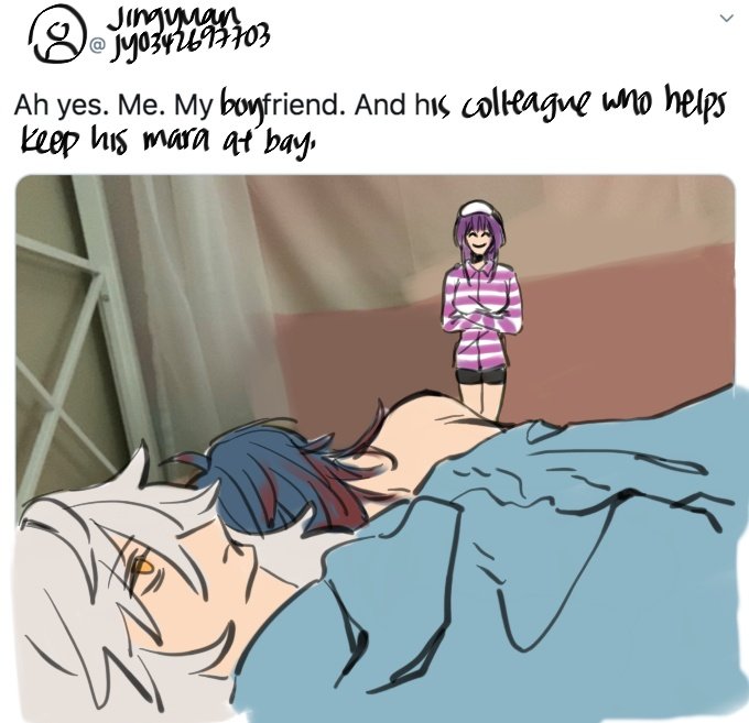 this is a comic strip featuring a couple, a man with white hair and a woman with purple hair, lying in bed. another woman, wearing a striped shirt, is standing in the background, possibly a colleague. the text suggests the woman in the background is helping to keep the man's mara at bay.