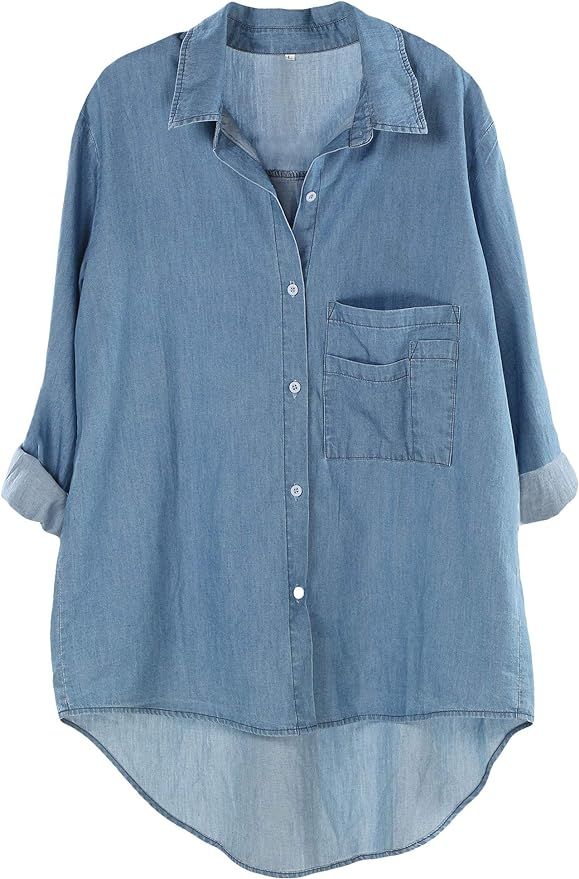a light wash denim shirt with a relaxed fit and long sleeves. the shirt has a collared neckline, a buttondown front closure, and pockets on the chest. the shirt is casual and stylish, and can be dressed up or down.