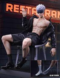 the image shows a highquality figurine of a muscular animestyle male character. he's seated on a chair in a restaurant setting, wearing a black jacket, shorts, and white socks with dark shoes.  his hair is styled in a spiky fashion with some gray/white streaks. he has a blindfold on, and a ripped physique is prominent. the figurine is highly detailed, suggesting it's a collectible item. the overall style strongly resembles that of a popular anime character.  there is a closeup of the shoes and socks in the lower portion of the image.