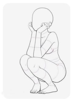 a simple line art sketch of a female figure, sitting on the ground. the drawing is done in a simple style with no shading.  the woman is positioned in a crouched position with both knees bent, and she is sitting on her heels with her arms supporting her head.  her hands are brought close to her face with her index fingers touching each other.  there is a simple outline of the face.