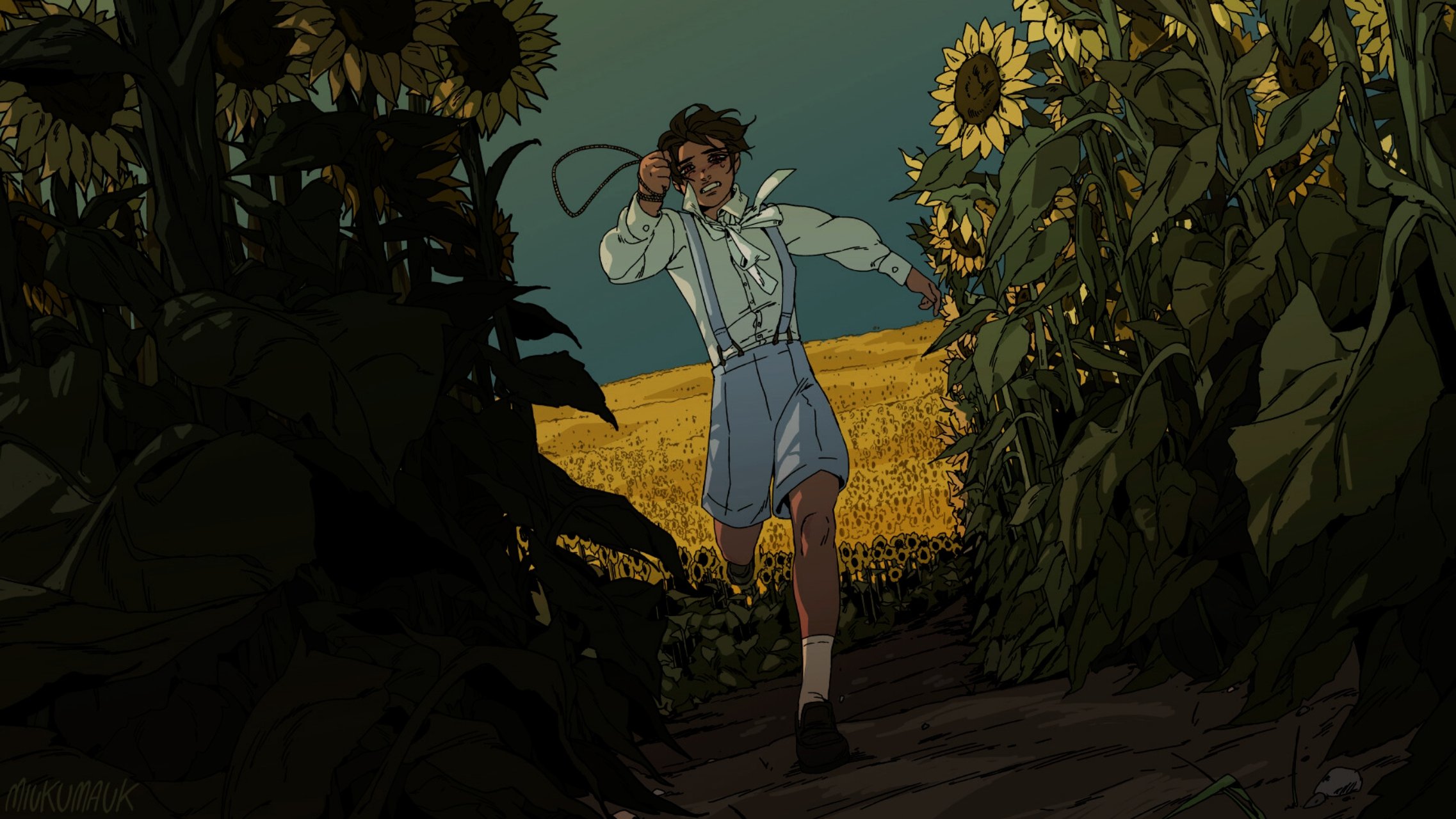 the image shows a boy running through a field of sunflowers. he is wearing a white shirt, blue overalls, and a white bow tie. the sunflowers are in full bloom and the boy looks happy and carefree as he runs through the field. the image is beautifully drawn in a cartoon style, with vibrant colors and a lot of detail. the sun is shining brightly in the sky, and the overall mood of the image is very happy and whimsical.
