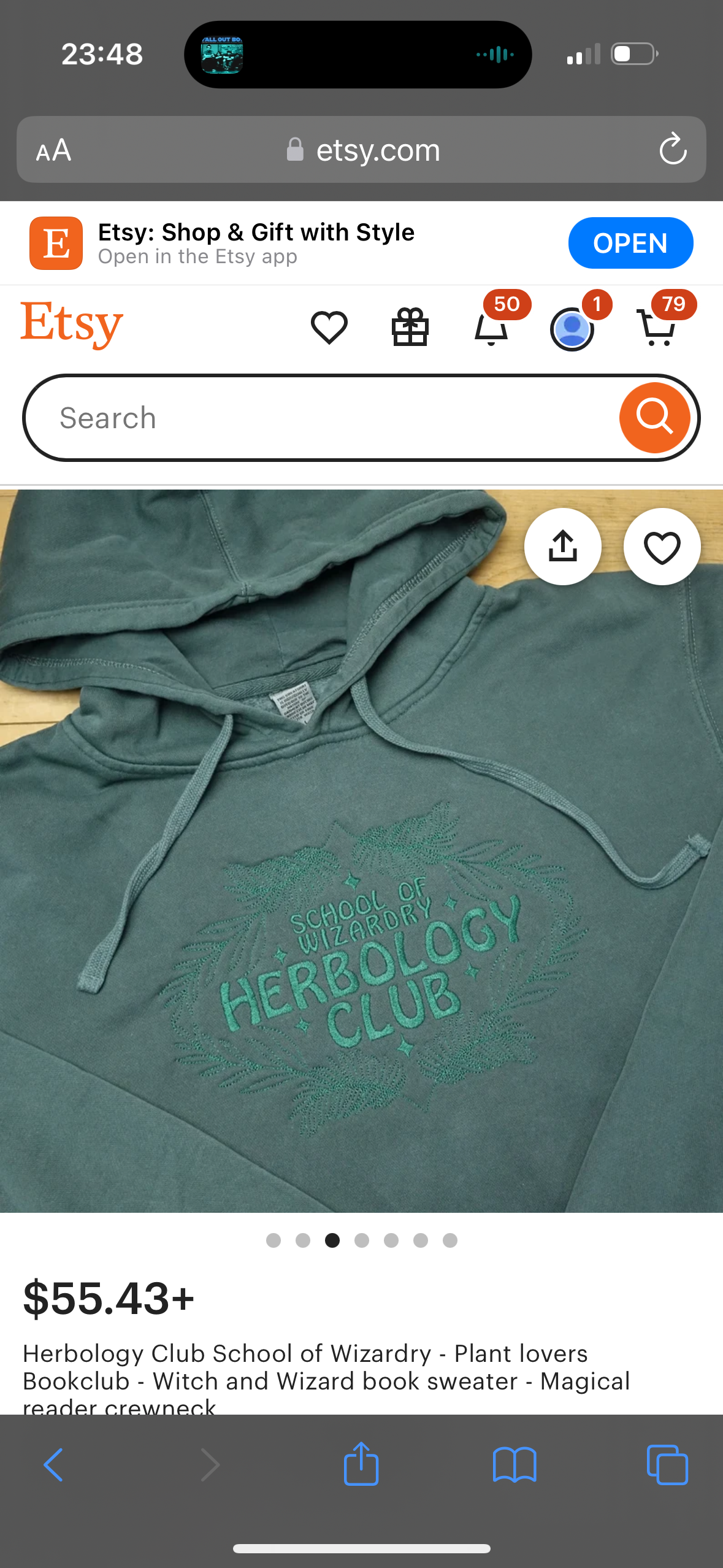 an etsy listing for a green hoodie with a white "herbology club" design on it. the hoodie is on a white background. the product description mentions that it is a plant lovers book club sweater for witches and wizards.