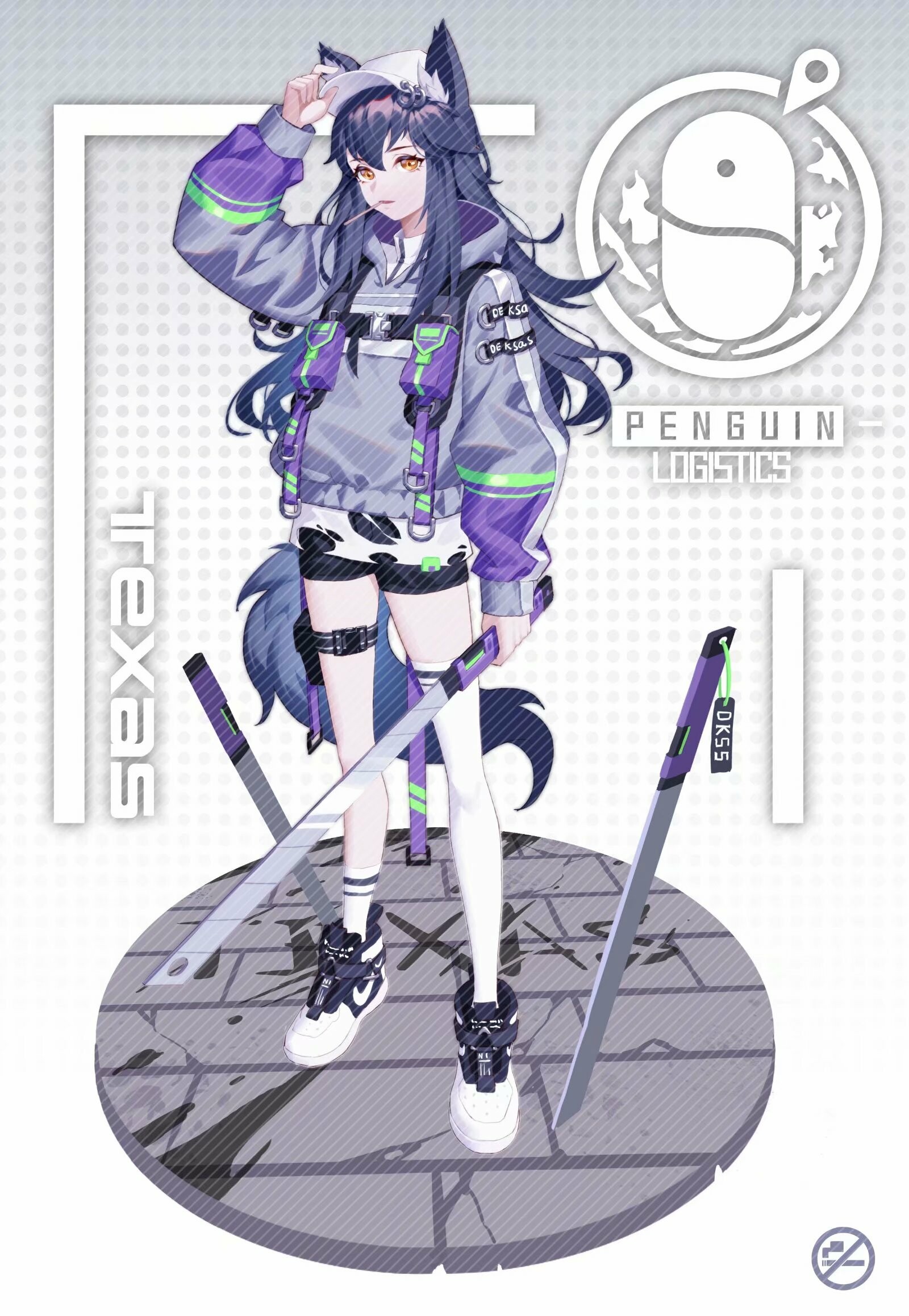 a fullbody illustration of texas from arknights, wearing a grey and purple hoodie with green accents, black and white shorts, sneakers, and holding two katanas. she has wolf ears and a tail. the background features the penguin logistics logo and her name.