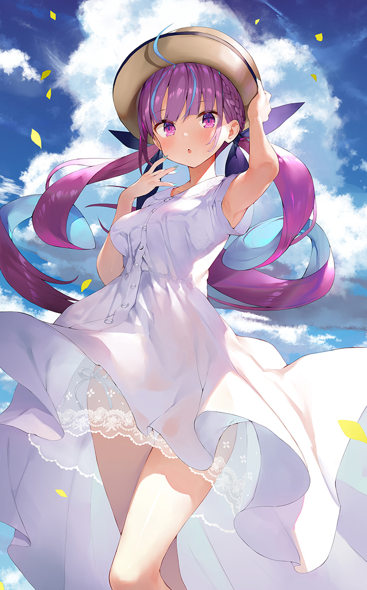 the image is a digital illustration of a cute anime girl with long purple hair. she's wearing a light purple summer dress with a white lace trim and a straw hat. her hair is flowing in the wind, and she appears to be very happy and carefree. the background is a bright blue sky with fluffy white clouds and a few yellow flowers scattered about. the overall style is light, airy, and whimsical, with a focus on the girl's sweetness and beauty. the image is welllit, highlighting the details of the character's clothing and hair.
