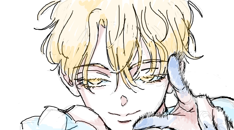 he image is a closeup drawing of a young animestyle boy with blond hair. his hair is styled in a slightly messy, wavy fashion that frames his face. his eyes are partially closed, giving him a gentle and slightly mischievous look. the boy has a subtle smile on his lips, further emphasizing the soft and approachable nature of his expression. one of his hands is visible, partially obscuring his face. the art style is loose and sketchy, with soft pastel colors giving the overall piece a whimsical and charming feel. the lines are not crisp and clean but rather have a loose, almost watercolorlike quality. the background is plain white, allowing the subject to be the focal point of the artwork. the overall aesthetic is very light and airy.