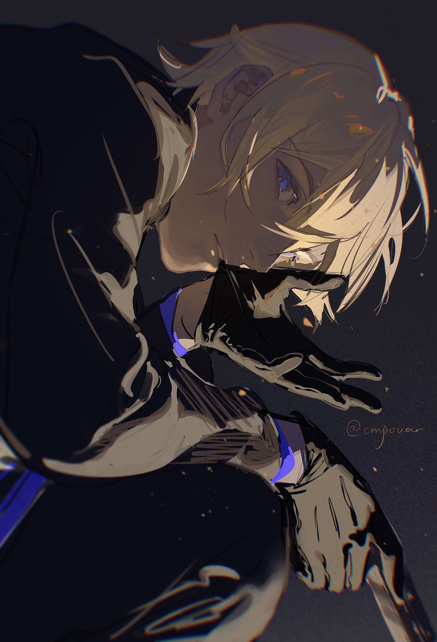 the image showcases a stylized portrait of a young man, likely from an anime or manga. he's depicted with blonde hair and striking blue eyes, partially obscured by his gloved hand. the lighting is dramatic, with a spotlight effect highlighting his face and hand against the dark background.  the perspective is from a low angle, creating a sense of power and intrigue. the man is dressed in a stylish suit, emphasizing his elegance.