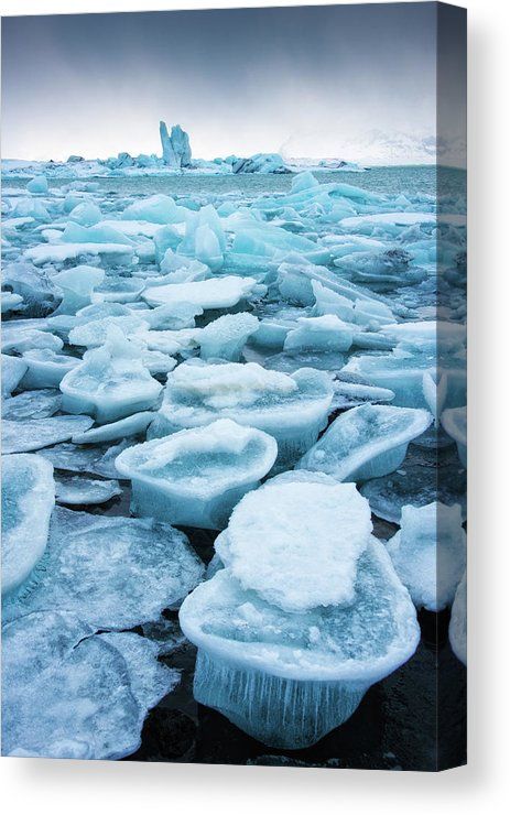 this photograph captures a stark, icy landscape dominated by chunks of ice scattered across what appears to be a shoreline or frozen body of water. in the background, larger icebergs punctuate the horizon under a cloudy sky, suggesting a cold, arctic or antarctic environment. the various sizes and shapes of the ice pieces indicate a dynamic, melting glacial or sea ice area. the photograph's composition emphasizes the vastness and desolation of this frozen environment, highlighting themes of climate change and the fragility of polar ecosystems.