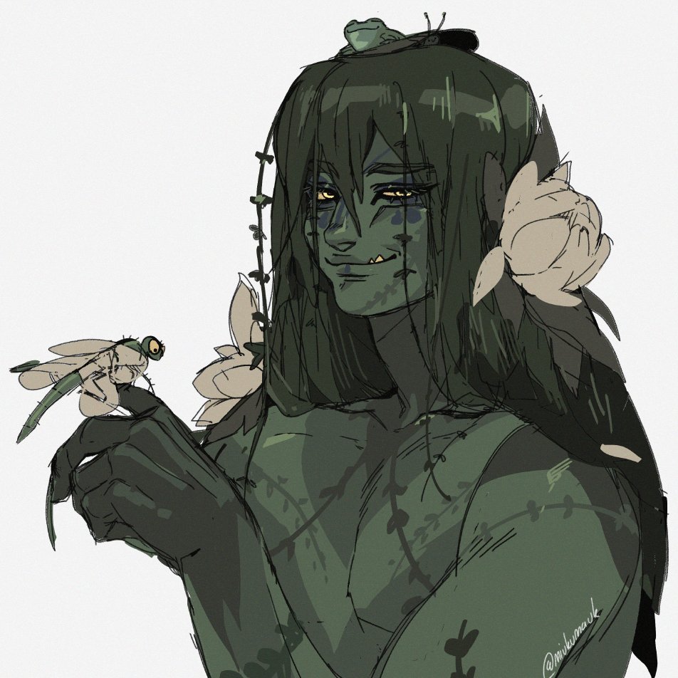 this is a digital illustration of a fantasy creature. the creature is humanoid with long green hair, and has a green frog on its head. there are vines and plants wrapping around its body. it is looking to its right, smiling, and holding a dragonfly in its right hand. the creature appears to be female.