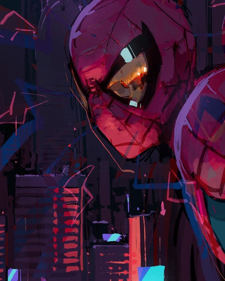 a digital painting of spiderman in a dark, urban setting. the image is mostly dark red and blue. spiderman's face is mostly obscured by his red mask but you can see his glowing yellow eyes. the city is mostly abstract with buildings that appear as red and blue lines. the image has an abstract and urban style with a focus on bright color and texture.