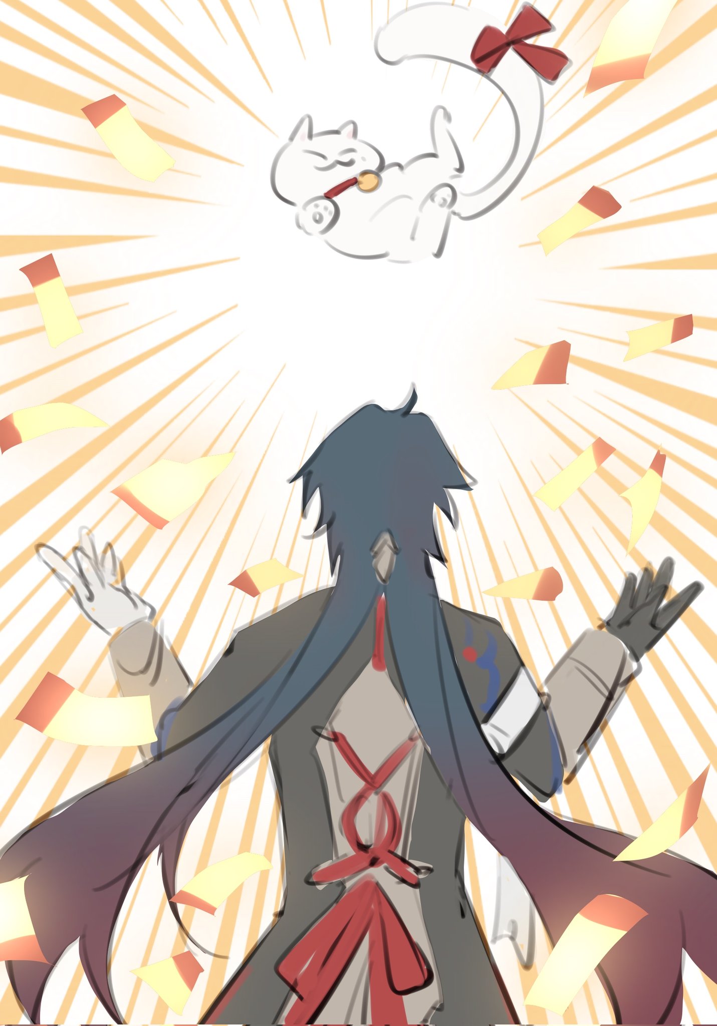 this is a digital illustration of a character from anime or manga.  the character is a male with long black hair and is wearing a dark outfit with a red bow.  he is smiling and holding out his arms with his hands open.  he has a white cat with a red bow tied around its neck flying above him.  the cat is looking back at the character.  there is a bright glow radiating from the character and the cat. the background is filled with bright yellow and orange rays, and there is confetti falling around the character. the illustration is done in a digital art style and appears to be a celebration of some kind.