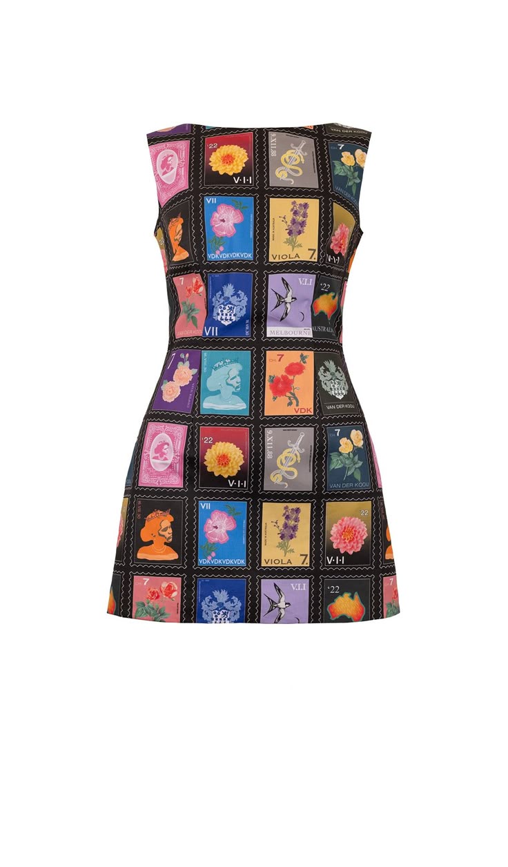 a sleeveless mini dress with a pattern of postage stamps, featuring floral and vintage designs.