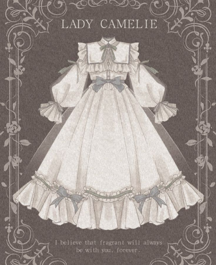 a digital illustration of a long white dress with a multitiered skirt and ruffled sleeves. the bodice features a high collar and is adorned with a bow at the neck and waist. the overall aesthetic is reminiscent of vintage fashion, specifically victorian or edwardian era styles with a modern, romantic twist.  the image has a soft, vintageinspired color palette with muted tones of white, cream, and beige.