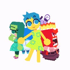 the image shows four characters from the movie inside out. joy, the main character, is in the center and is yellow. to her left is sadness, who is blue. to joy's right is anger, who is red, and next to sadness is disgust, who is green. the characters are all smiling and appear to be happy.