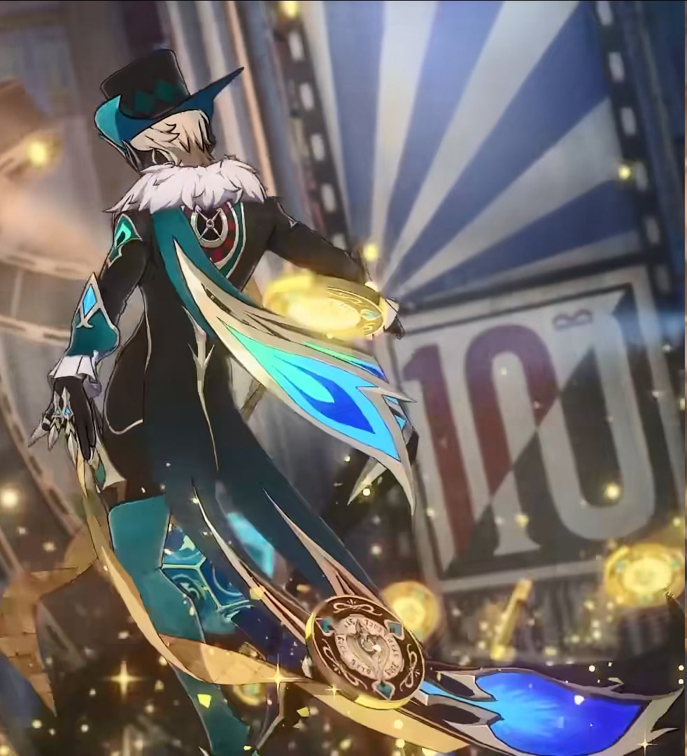 this image is from a video game. the main character is a male anime character wearing a blue and green outfit. he has a tall hat on his head and a weapon on his back. the character is standing in a pose facing away from the viewer. in the background, there is a sign that says "100," and other characters are blurred out. the overall theme is fantasy and action.
