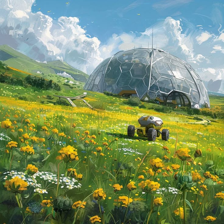 the image depicts a futuristic landscape with a large geodesic dome structure in a field of yellow and white flowers. a small roverlike vehicle is in the foreground. in the background, there are rolling hills, mountains, and a cloudy sky. the scene suggests a blend of nature and advanced technology, possibly a selfsustaining ecosystem or research facility.