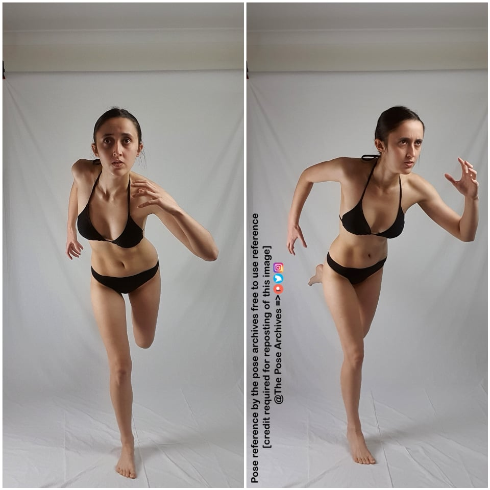a woman in a black bikini is captured in two different running poses against a plain white background. the image is a reference for artists, and the text on the image indicates that credit is required if reposting.