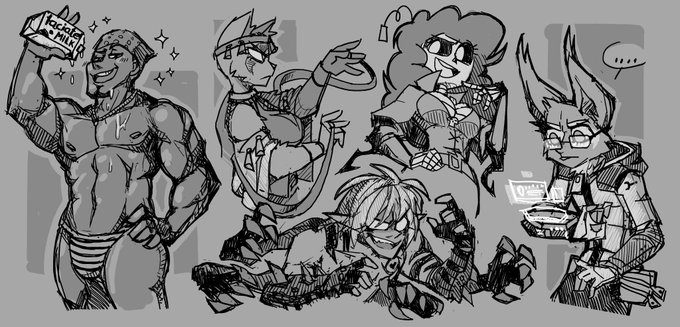 this is a black and white sketch page featuring five characters, two of them appearing monstrous and one furry. the style is reminiscent of cartoons, and each character takes up a similar amount of space on the canvas. they all have distinct outfits and silhouettes.