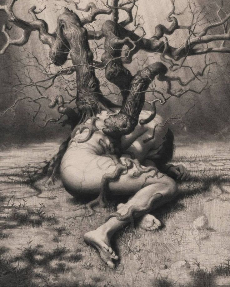 a black and white drawing of a nude figure intertwined with a gnarled tree. the figure is sitting in a forest setting, with branches and roots surrounding them. the image is dark and moody, with a surreal and mysterious atmosphere. the figure and the tree are intertwined in a way that suggests a deep connection between them. it's a powerful image that speaks to the interconnectedness of nature and human beings.